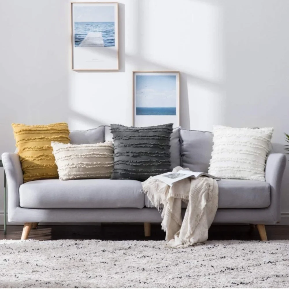 Luxury Home | Boho Chic Dark Grey Frayed Striped Jaquard Throw Pillow Covers
